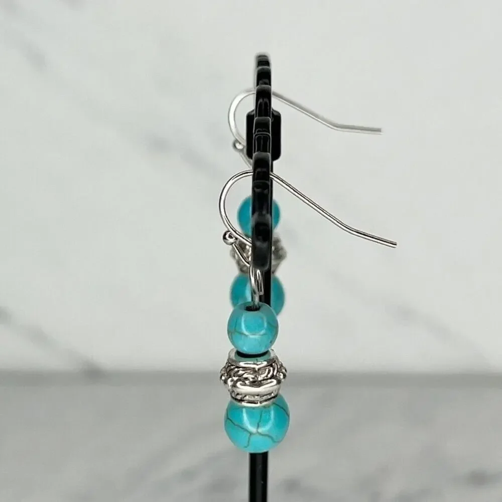Silver Tone Faux Turquoise Beaded Dangle Earrings Pierced Pair